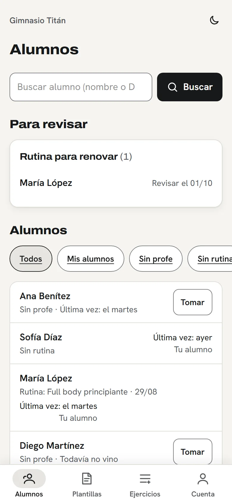 Ejemplo de la vista del profe en GymStation: los alumnos para revisar y cuándo vino cada uno.